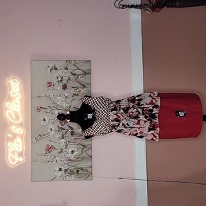 B-Wear, red, tan, and black abstract circle print blouse.